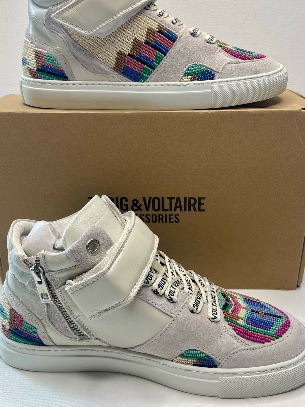 NIB ZADIG & VOLTAIRE MID FLASH FOLK BEADS 💯 LEATHER MID FLASH TRAINER EU39 SZ 8 - Picture 3 of 14